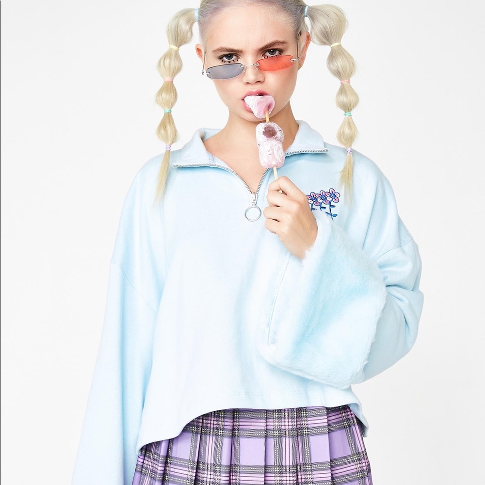 LAZY OAF you’re a mess blue faux fur crop sweater